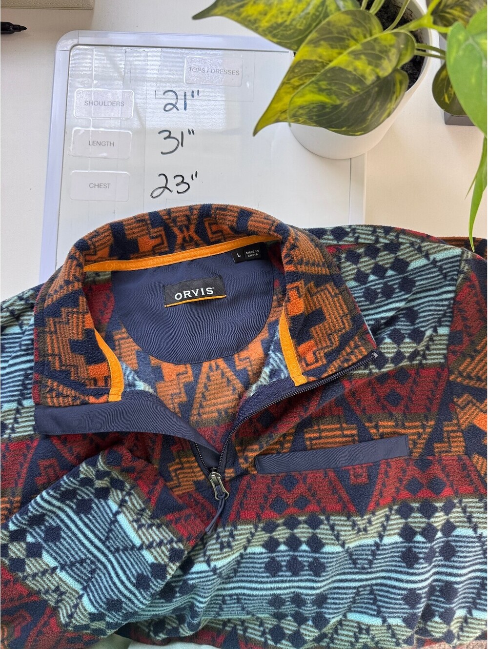 Orvis Aztec Geometric Gorpcore Outdoor Warm Fleece Pullover Quarter Zip Men's L - Picture 8 of 10